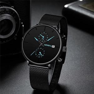 Geneva black mesh men's watch with blue hands on dark textured business background