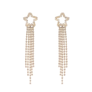 Detail of luxury long tassel star earrings with sparkling rhinestones in gold setting