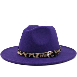 Dark purple wool fedora hat with leopard print belt and silver buckle on white background