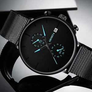 Detail of black mesh band watch featuring a three-eye chronograph dial and date window