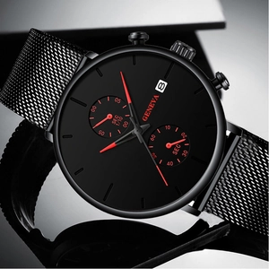 Close-up of Geneva black dial watch with red markers, chronograph sub-dials and calendar