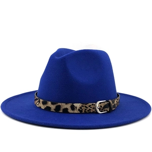 Royal blue wool fedora hat with leopard print leather belt and silver buckle detail