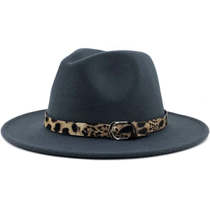 Close-up of the dark grey wool fedora hat featuring a stylish leopard print buckle band