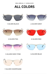 Selection of flame-shaped rimless sunglasses in seven colors with sleek silver frames