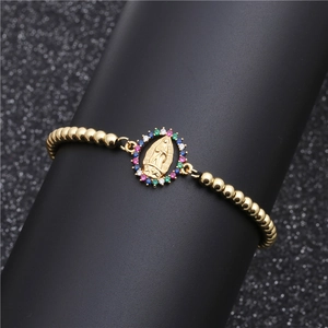 Adjustable gold beaded bracelet with colorful zircon Virgin Mary pendant for women