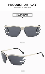 Detailed views of silver and black flame-shaped sunglasses with wave-cut lens edges