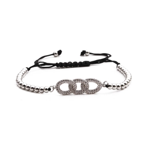 Adjustable black woven bracelet with silver beads and infinity interlocking rings