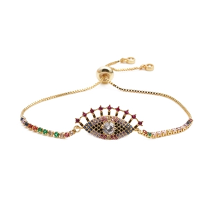 Gold Evil Eye adjustable bracelet with colorful cubic zirconia and sliding chain