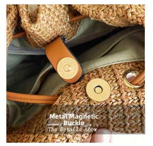 Macro detail of high-quality golden magnetic metal clasp on straw woven handbag