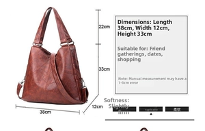 Detailliertes Diagramm einer braunen Vintage-Tasche mit exakten Maßangaben in Zentimetern