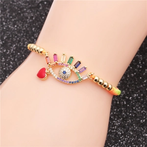 Zircon Evil Eye and red heart charm adjustable bracelet with colorful braided cord