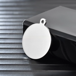 Close-up of polished stainless steel round pet tag with smooth silver finish and hole