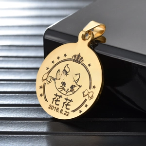 Detailed view of a laser engraved gold stainless steel pet tag with custom cat design