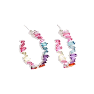 Rainbow hoop earrings with baguette cut multicolored stones in S925 silver finish