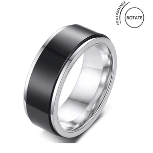 Rotatable stainless steel spinner ring in silver and black for anxiety relief