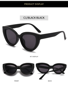 Three-way view of black cat-eye sunglasses including 45-degree angle, front and back