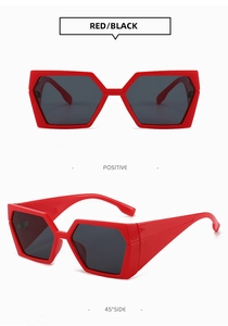 Détails d'une lunette de soleil carrée rouge avec monture épaisse de face et de profil