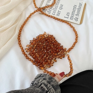 Handmade amber crystal beaded evening bag with crossbody chain and top handle strap