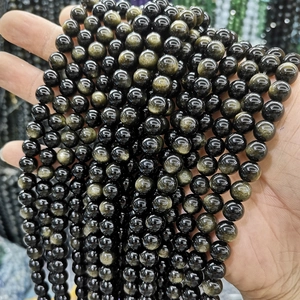 Natural golden obsidian round beads with golden sheen for jewelry making and DIY crafts