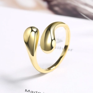 Minimalist 18K gold teardrop open ring with a polished mirror finish for women