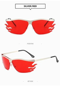 Detailed front and side views of silver flame sunglasses with vibrant red lenses