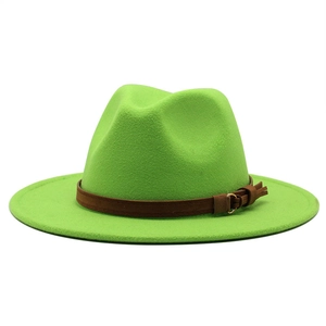 Classic green wool fedora hat with a brown buckle belt shown in a full frontal view