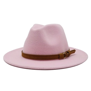 Pink wide brim wool felt jazz hat with brown leather decorative belt accessory
