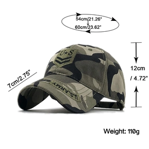 Détails des dimensions et broderie US ARMY sur casquette de baseball camouflage