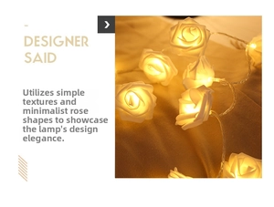 Close-up of warm glowing LED rose string lights with soft white foam petals for decor
