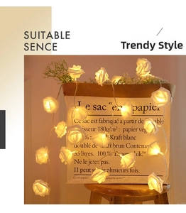 Detail of warm white LED rose string lights wrapped on a kraft bag for home decor