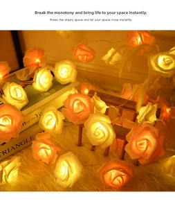 Close-up of warm glowing LED rose string lights on a white faux fur rug for home decor