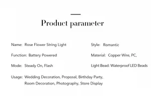 Technical specifications of the rose LED string light featuring material and battery modes