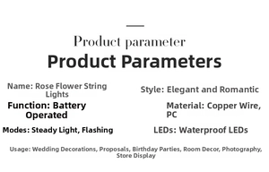 Technical specifications of the rose LED string light featuring material and battery modes