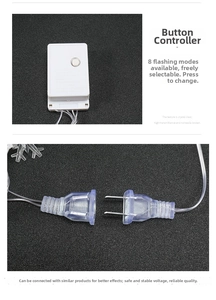 Detail of LED string light controller with 8 modes and stackable connectors on black background
