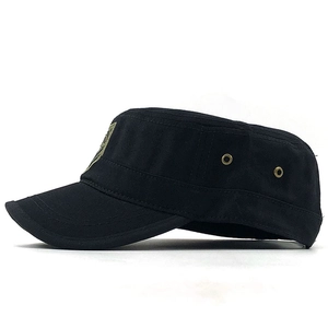 Classic black cotton cadet cap with side vents and shield embroidery for outdoor sports