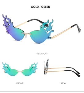 Three-angle views of rimless flame-shaped sunglasses with gold frames and green lenses