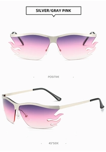 Detailed front and 45-degree side views of silver frame sunglasses with purple flame lenses