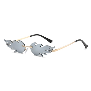 Frameless flame shaped sunglasses with gold metal temples and grey mirrored lenses