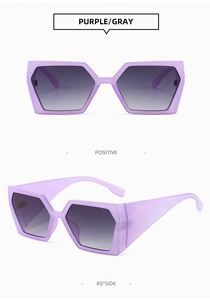 Détail des lunettes de soleil rectangulaires violettes transparentes avec branches larges