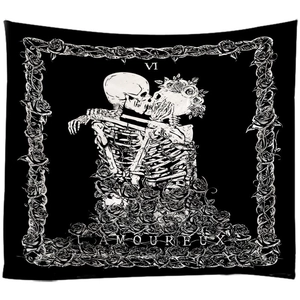 Gothic Lovers tarot card wall tapestry with skeletons and roses in black and white