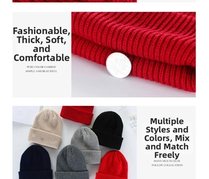 Detailed macro view showing the thick ribbed knit texture and multi-color winter beanies