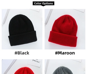 Detail view of knitted beanies in black, burgundy, red, and grey with ribbed texture