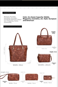Size guide for 6-piece brown woven pattern PU leather handbag set including tote and wallet