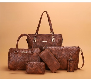 Detailed set of 6 brown woven texture PU leather bags including tote and crossbody bags