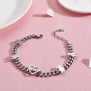 Silver stainless steel heart love bracelet with human figure charms on pink backdrop