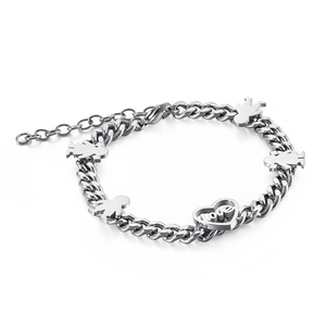 Polished silver cuban chain bracelet featuring a love heart and family silhouettes