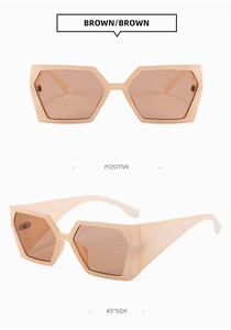 Vues détaillées des lunettes de soleil hexagonales marron clair de face et de profil à 45°