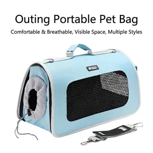 Portable blue pet carrier bag with breathable mesh and detachable shoulder strap
