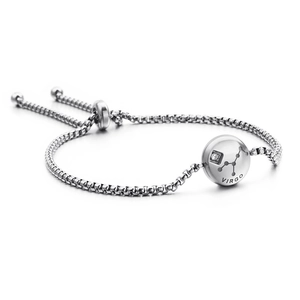 Adjustable silver Virgo constellation bracelet with sparkling diamond and box chain