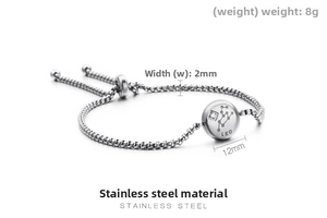 Detail of Leo zodiac bracelet in stainless steel with adjustable box chain and slider